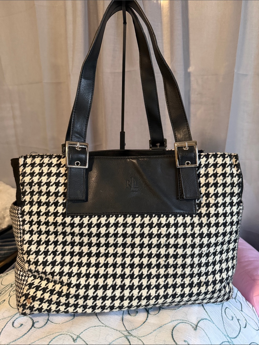 Ralph Lauren Black & White Houndstooth Tote with Leather Trim